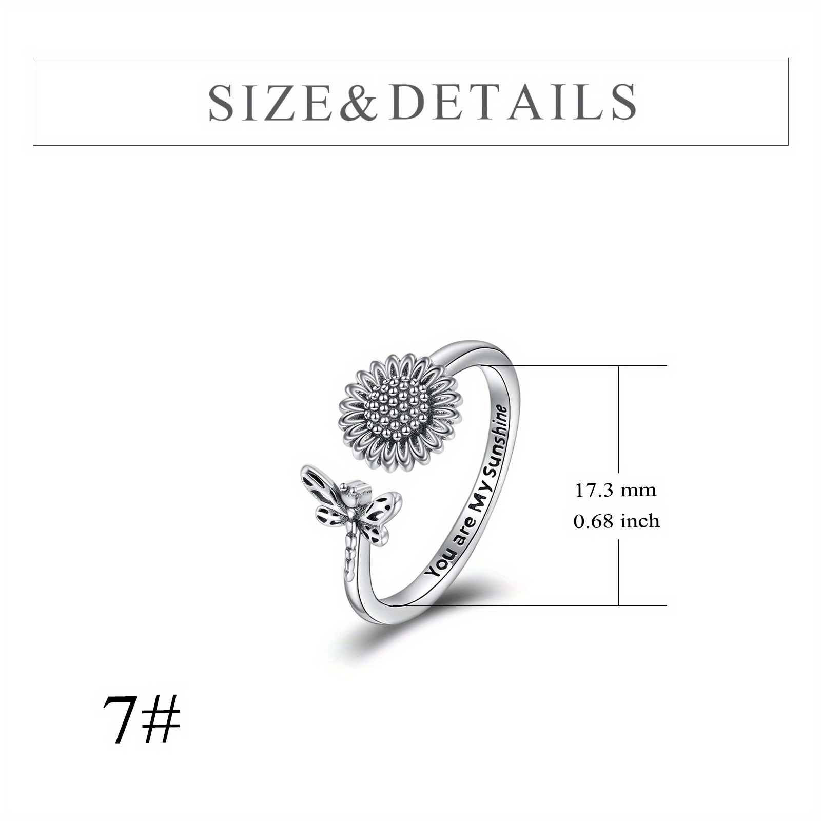 Sunflower Dragonfly Ring Sterling Silver Adjustable Vintage Sunflower Ring